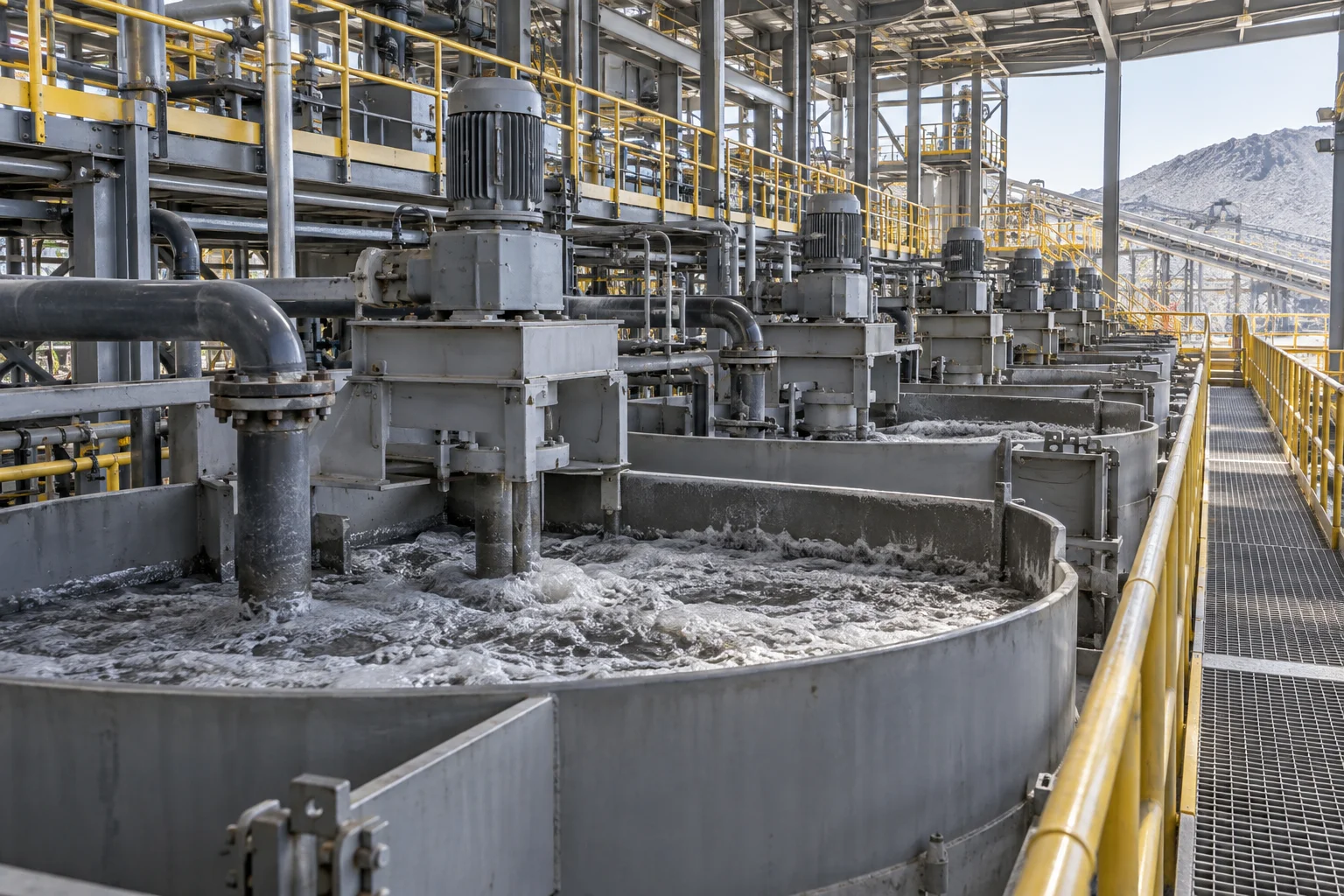 Illustration of industrial mineral-processing equipment and flotation cells