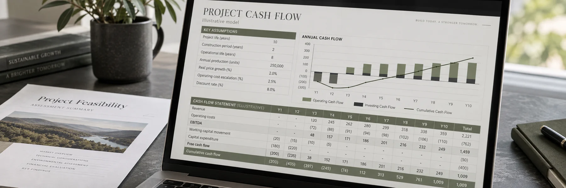 Illustrative project cash-flow model displayed beside project evaluation documents