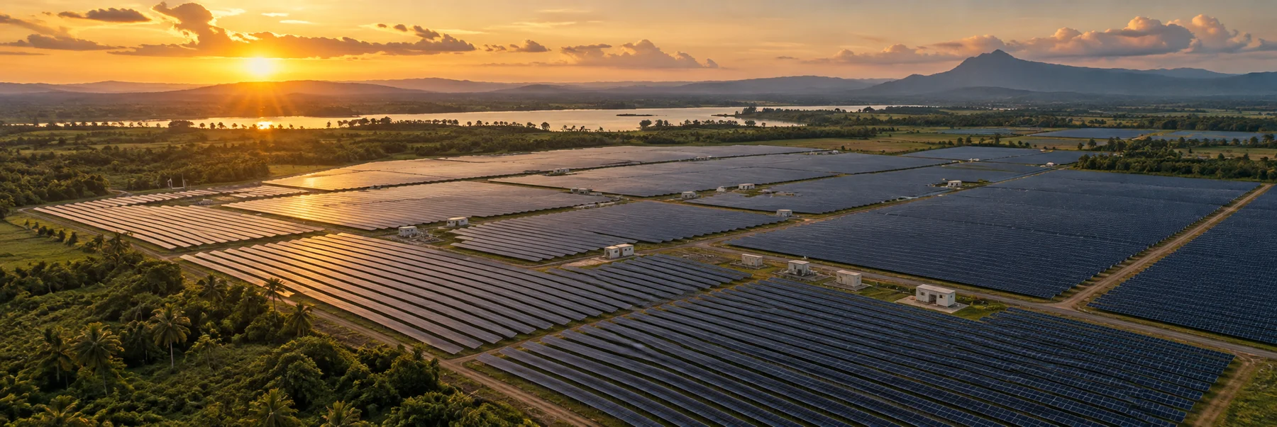 Illustration of a large solar array in a rural landscape at sunset